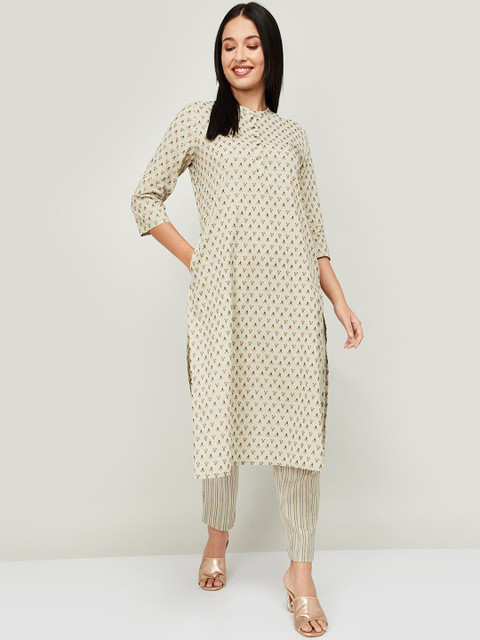

Melange by Lifestyle Women Beige Ethnic Motifs Layered Pure Cotton Kurti with Trousers