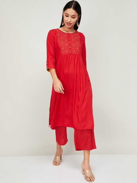 

Melange by Lifestyle Women Rust Floral Embroidered Pleated Pure Cotton Kurta with Palazzos