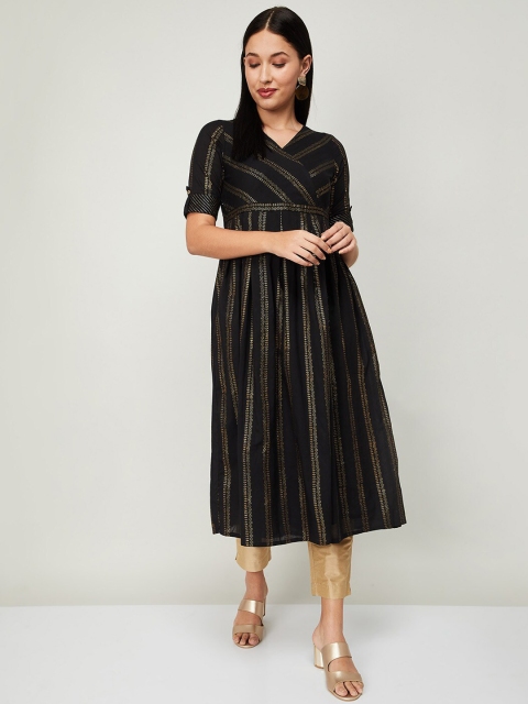 

Melange by Lifestyle Women Black & Gold Printed Angrakha Style Kurta