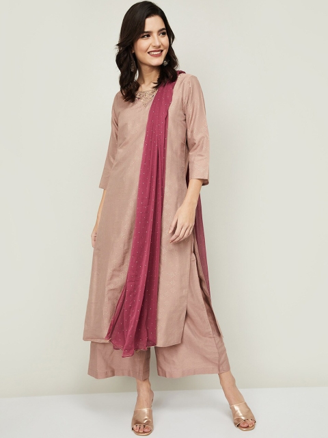 

Melange by Lifestyle Women Brown Striped Panelled Kurta with Palazzos & With Dupatta