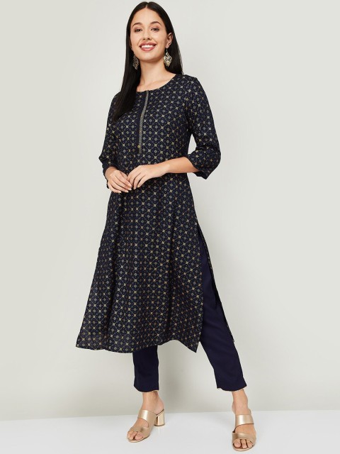 

Melange by Lifestyle Women Navy Blue Printed Panelled Pure Cotton Kurta with Trousers
