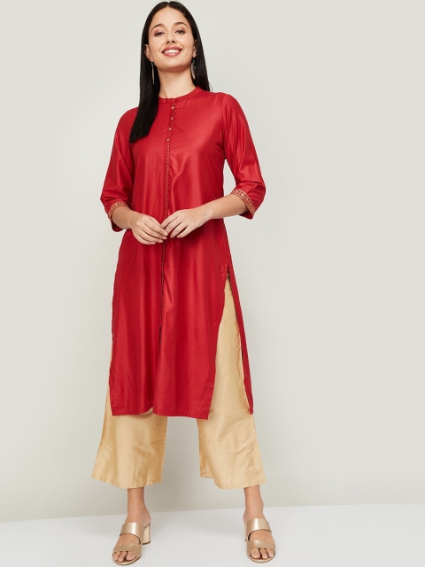 

Melange by Lifestyle Women Red Striped Pleated Kurti with Trousers