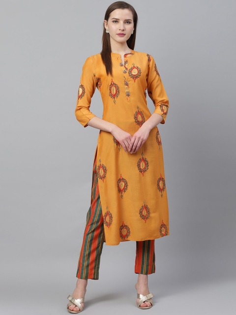 

Ishin Women Orange Floral Printed Pleated Kurti with Trousers