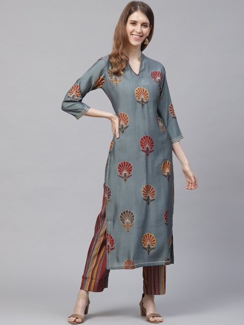 

Ishin Women Blue Floral Embroidered Angrakha Kurti with Trousers