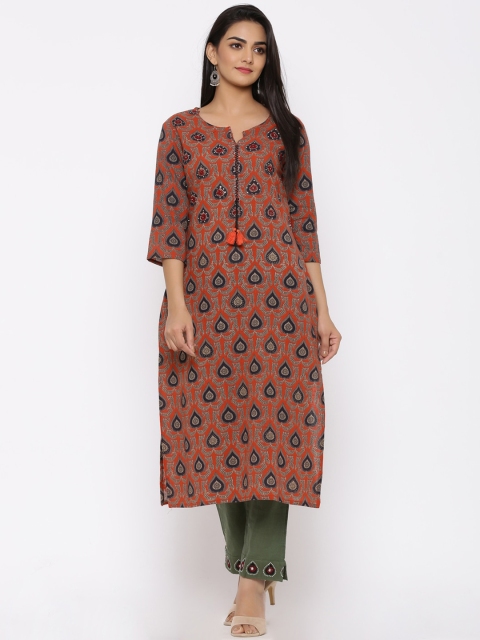 

Ishin Women Maroon Floral Printed Regular Pure Cotton Kurti with Palazzos