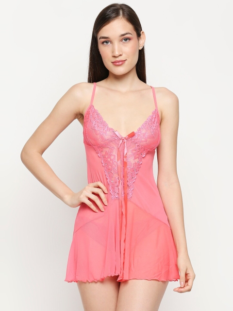 

Lady Love Women Peach Self Design Net Baby Dolls