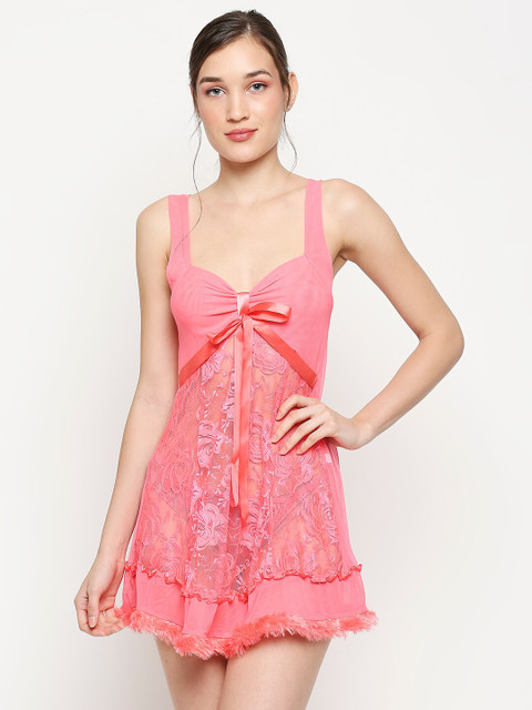 

Lady Love Peach-Coloured Floral Self-Design Net Baby Doll