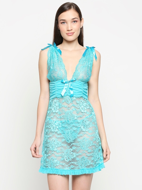 

Lady Love Turquoise Blue Floral Self-Design Net Baby Doll