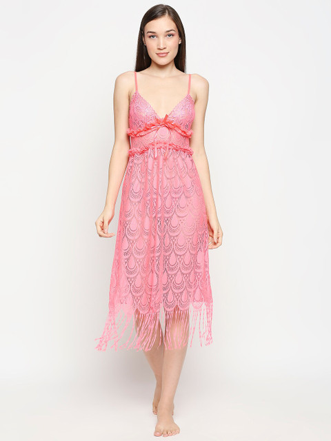 

Lady Love Peach-Coloured Net Baby Doll with Asymmetric