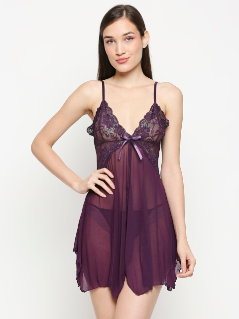 

Lady Love Burgundy Self-Design Net Baby Doll with Asymmetric Hemline