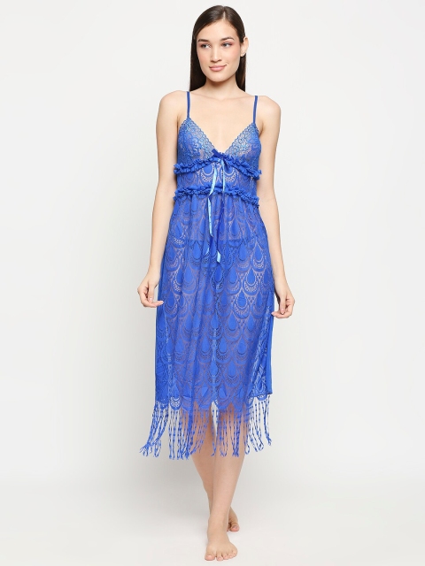 

Lady Love Blue Paisley Self Design Net Baby Dolls With Tassels