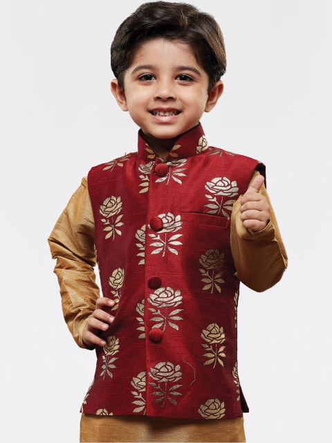 

VASTRAMAY Boys Maroon & Gold-Coloured Printed Slim-Fit Nehru Jacket