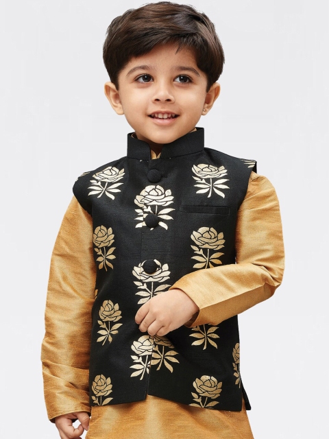 

VASTRAMAY Boys Black & Gold-Coloured Printed Slim-Fit Nehru Jacket