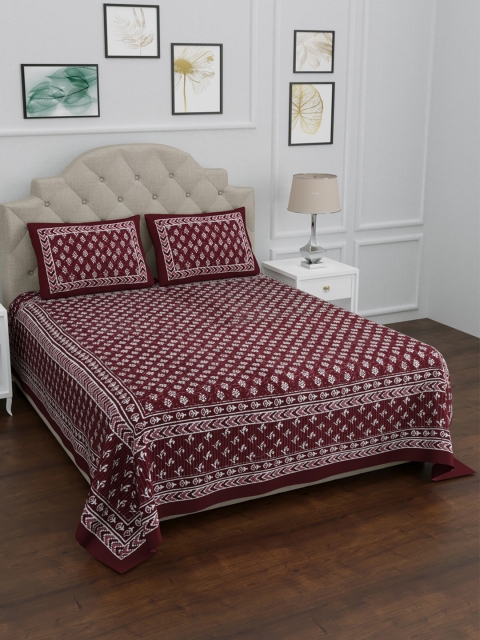 

LIVING ROOTS Maroon & White Ethnic Motifs 144 TC King Bedsheet with 2 Pillow Covers