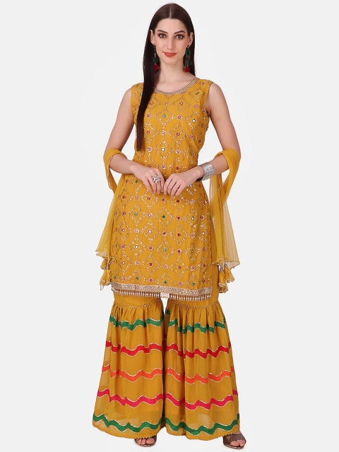 

Grancy Women Mustard Yellow Embroidered Tiered Kurti with Sharara & With Dupatta