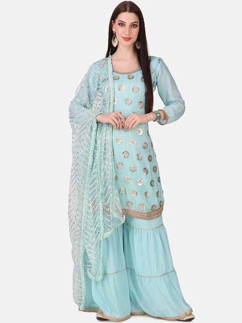 

Grancy Women Blue Floral Pleated Kurti with Palazzos & With Dupatta