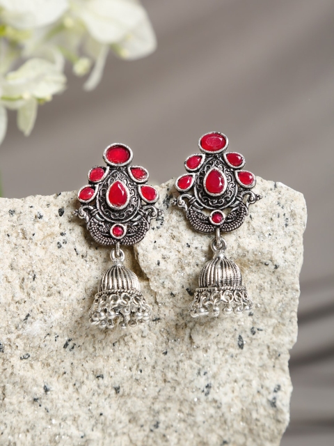 

NEUDIS Silver-Toned & Pink Peacock Shaped Oxidised Jhumkas