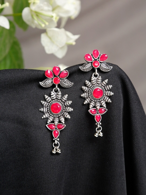 

NEUDIS Silver-Toned & Pink Floral Oxidised Drop Earrings