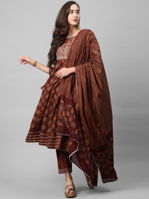 

FASHOR Women Brown Paisley Printed Empire Pure Cotton Kurti with Trousers & With Dupatta