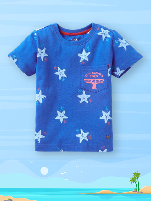 

Ed-a-Mamma Boys Blue Orange Printed Pockets Pure Cotton T-shirt