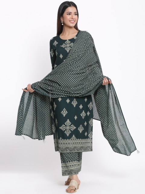 

kipek Women Green Printed Layered Kurta with Patiala & With Dupatta
