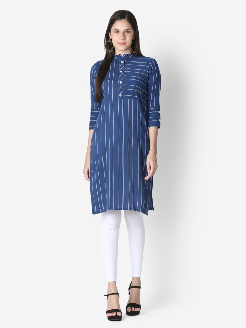 

OM SAI LATEST CREATION Navy Blue & White Striped Pure Cotton Kurti