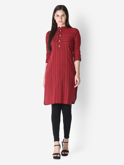 

OM SAI LATEST CREATION Maroon & Black Striped Pure Cotton Kurti