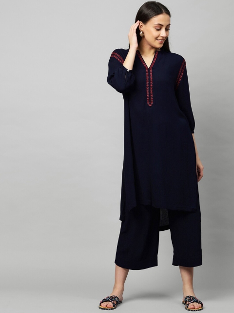 

Modern Indian by CHEMISTRY Women Navy Blue Embroidered Kurta with Palazzos