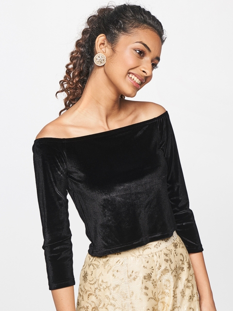 

Global Desi Black Off-Shoulder Velvet Regular Crop Top