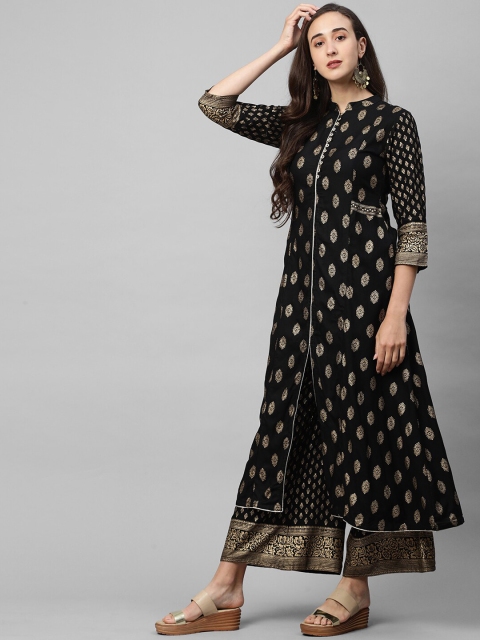 

FASHOR Women Black Ethnic Motifs Printed Pleated Kurta with Palazzos & With Dupatta