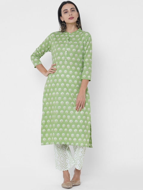 

FASHOR Women Green Floral Printed Panelled Pure Cotton Kurta with Trousers