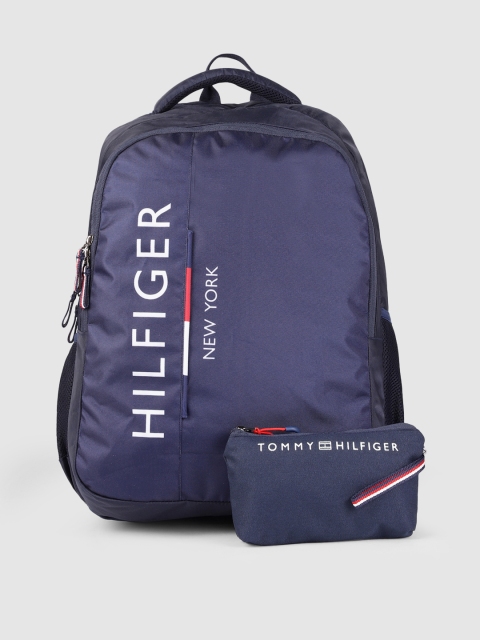 

Tommy Hilfiger Unisex Navy Blue & White Brand Logo Printed Backpack