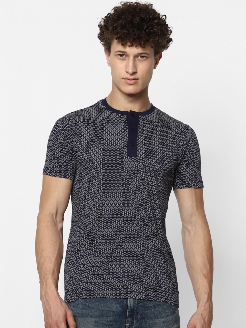 

MARCA Disati Men Navy Blue Printed Henley Neck Pockets T-shirt