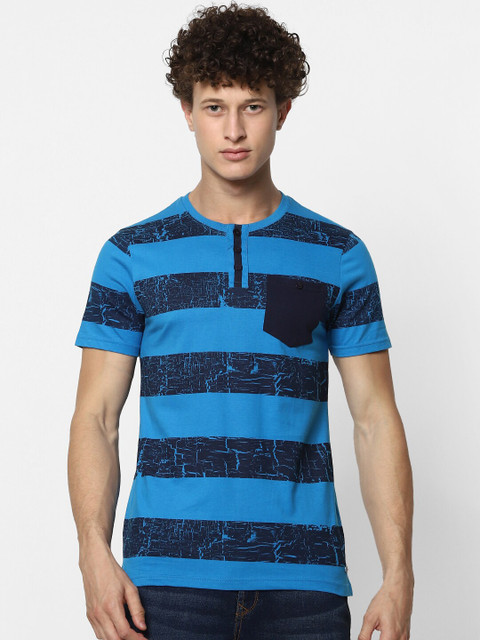 

MARCA Disati Men Blue Striped Henley Neck Pockets T-shirt