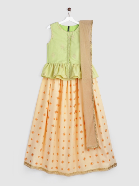 

YK Girls Green & Beige Printed Ready to Wear Lehenga & Blouse With Dupatta