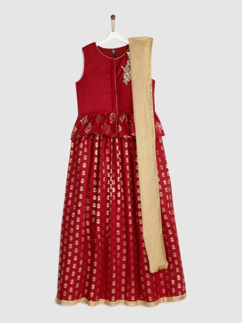 

YK Girls Red Patchwork Ready to Wear Lehenga & Blouse With Dupatta