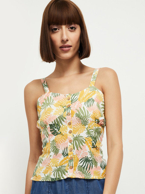 

max White & Green Tropical Printed Fitted Top