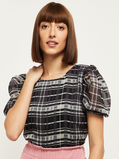 

max Black & White Checked Puff Sleeve Top