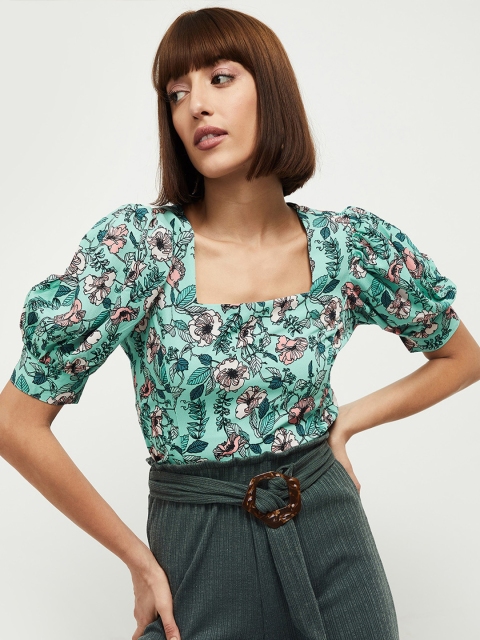 

max Teal Blue & Pink Floral Printed Top