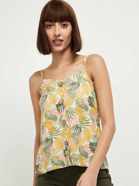 

max White & Green Tropical Printed Top