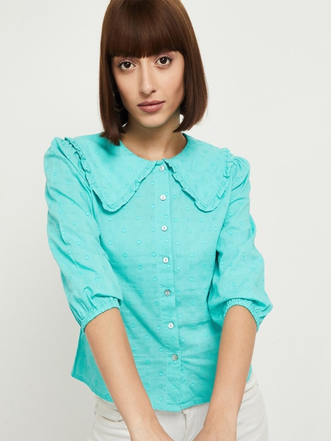 

max Teal Blue Peter Pan Collar Shirt Style Top