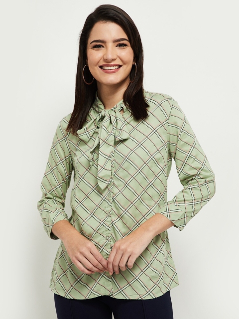 

max Green & Black Checked Tie-Up Neck Shirt Style Longline Top