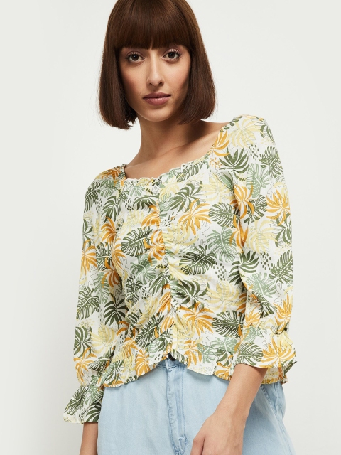 

max White & Green Tropical Printed Fitted Top