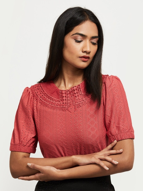 

max Red Self Design Peter Pan Collar Top