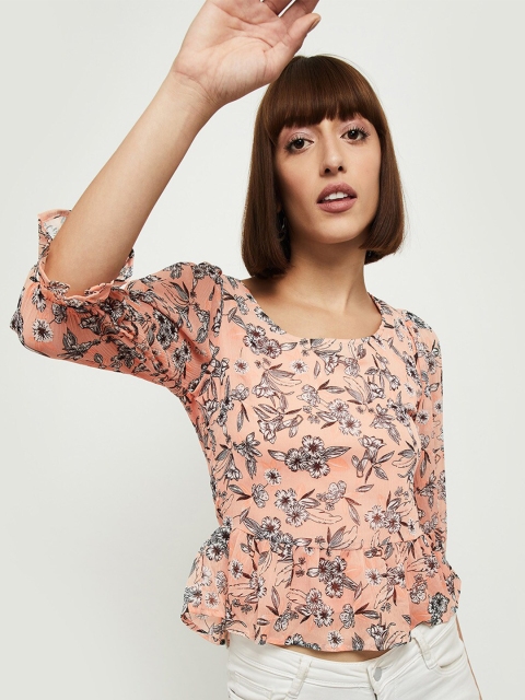 

max Peach-Coloured & Black Floral Printed A-Line Top