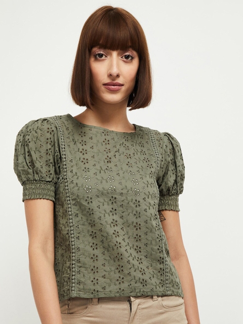 

max Olive Green Self Design Cotton Top