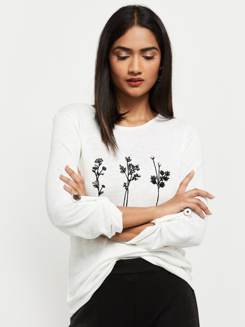 

max Cream-Coloured & Black Floral Embroidered Roll-Up Sleeves Studded Longline Top