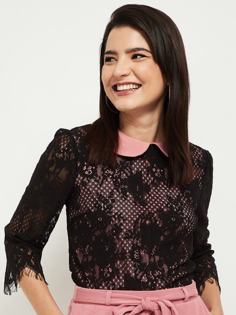 

max Pink & Black Peter Pan Collar Lace Top