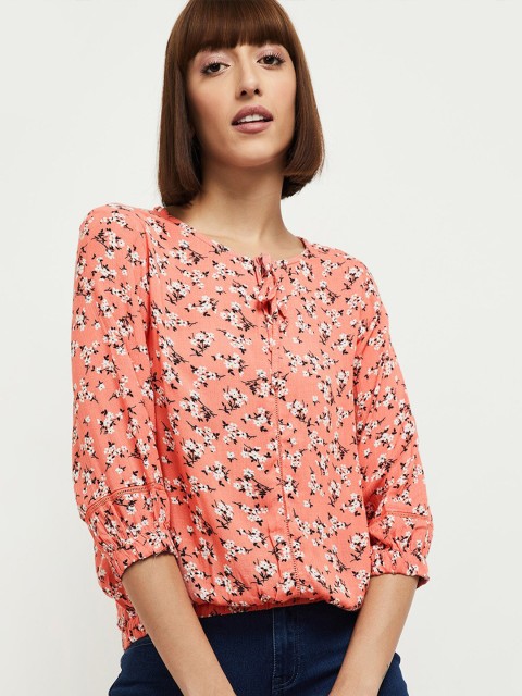 

max Peach-Coloured & White Floral Printed Tie-Up Neck Blouson Top