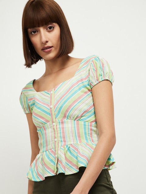 

max Green & Pink Striped Peplum Top